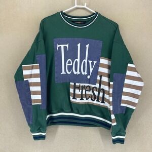 Teddy Fresh‎ Patchwork Colorblock Crewneck Sweatshirt Green Striped Logo Size S